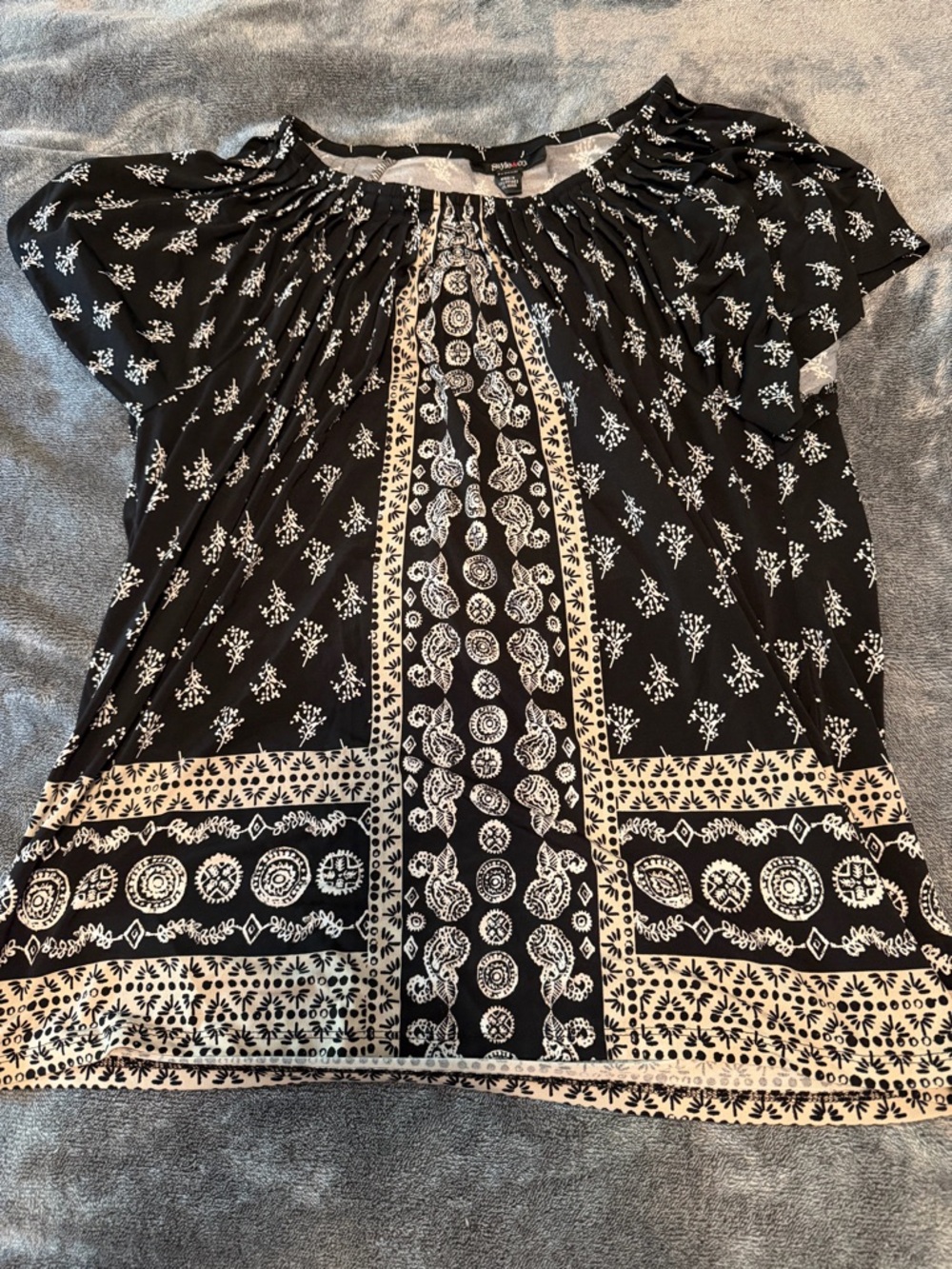 Style & Co. Black Top with Cream Folk Print
